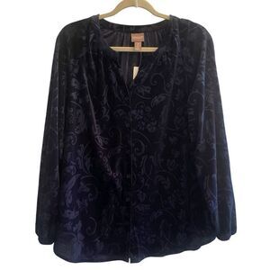New Chico’s Midnight Blue Burnout Velvet Floral Top Blouse Women’s 2 Large 12